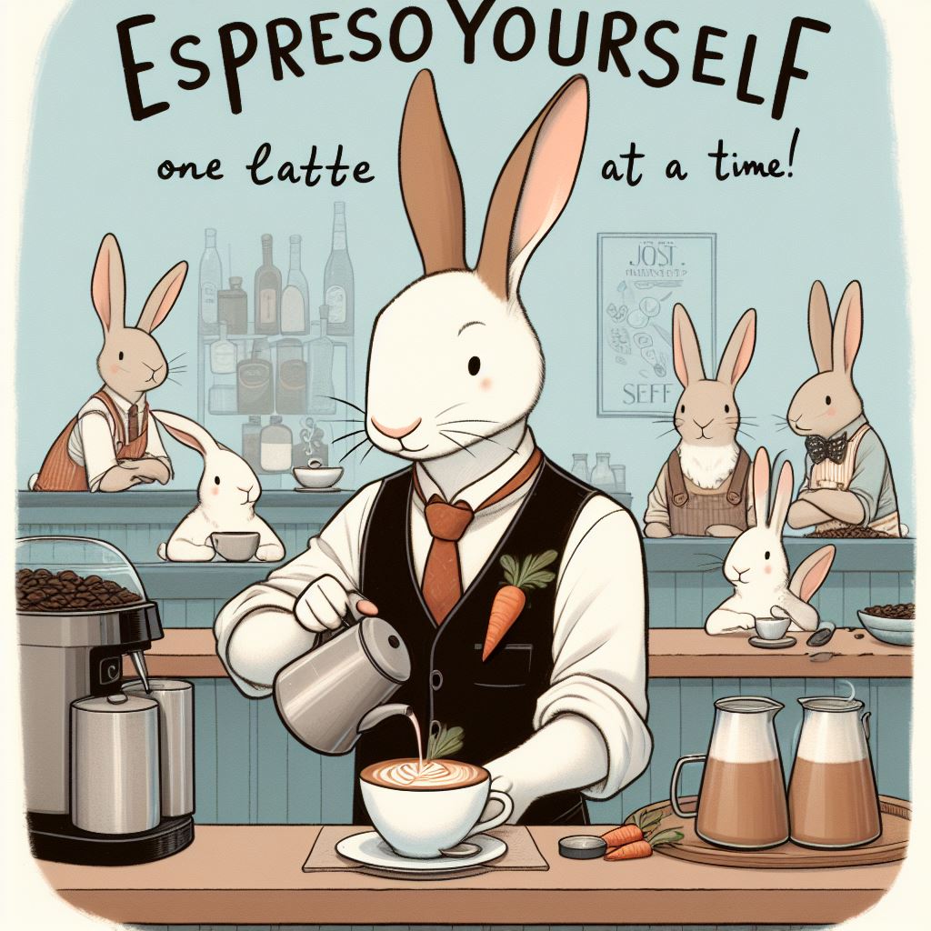 A sophisticated rabbit wearing a barista apron, standing behind a coffee bar, skillfully pouring a latte to form a carrot shape in the foam. Around the café are rabbit patrons enjoying their drinks. The caption: "Espresso yourself, one latte at a time!"