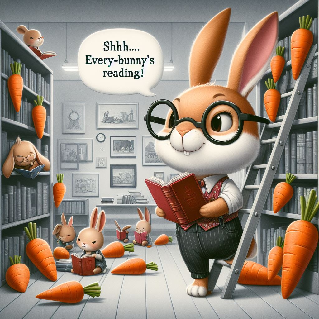 A wise-looking rabbit with spectacles, in a library setting, standing on a ladder and organizing books that are shaped like carrots. Other rabbits are reading in the background. The caption: "Shhh... every-bunny's reading!"