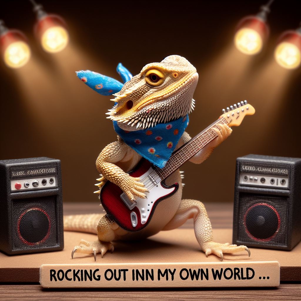 "A bearded dragon with a tiny guitar, wearing a small bandana around its neck, performing on a stage with miniature speakers. The caption says, 'Rocking out in my own world.' The background should resemble a concert stage, complete with lighting effects to give it a rock star vibe."