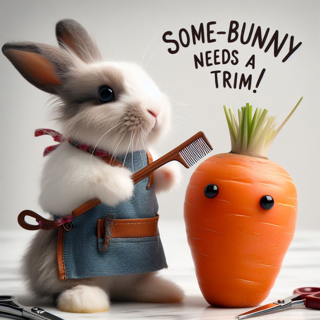An image of a rabbit in a stylish salon setting, wearing a tiny hairdresser's apron, holding a miniature comb and scissors. The rabbit should have an expression of intense concentration as it styles the hair of a carrot. The caption reads: "Some-bunny needs a trim!"
