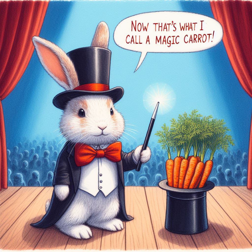 A rabbit dressed in a magician's outfit, complete with a top hat and a wand, standing on a stage. Instead of pulling a rabbit out of the hat, it's pulling out a bunch of carrots. The caption: "Now that's what I call a magic carrot!"