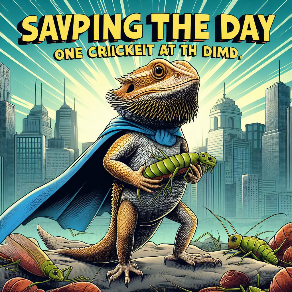 A bearded dragon in a superhero cape, standing heroically on a rock with a comic-style cityscape background. The caption reads, 'Saving the day, one cricket at a time.' The pose should be dynamic, conveying motion and heroism.