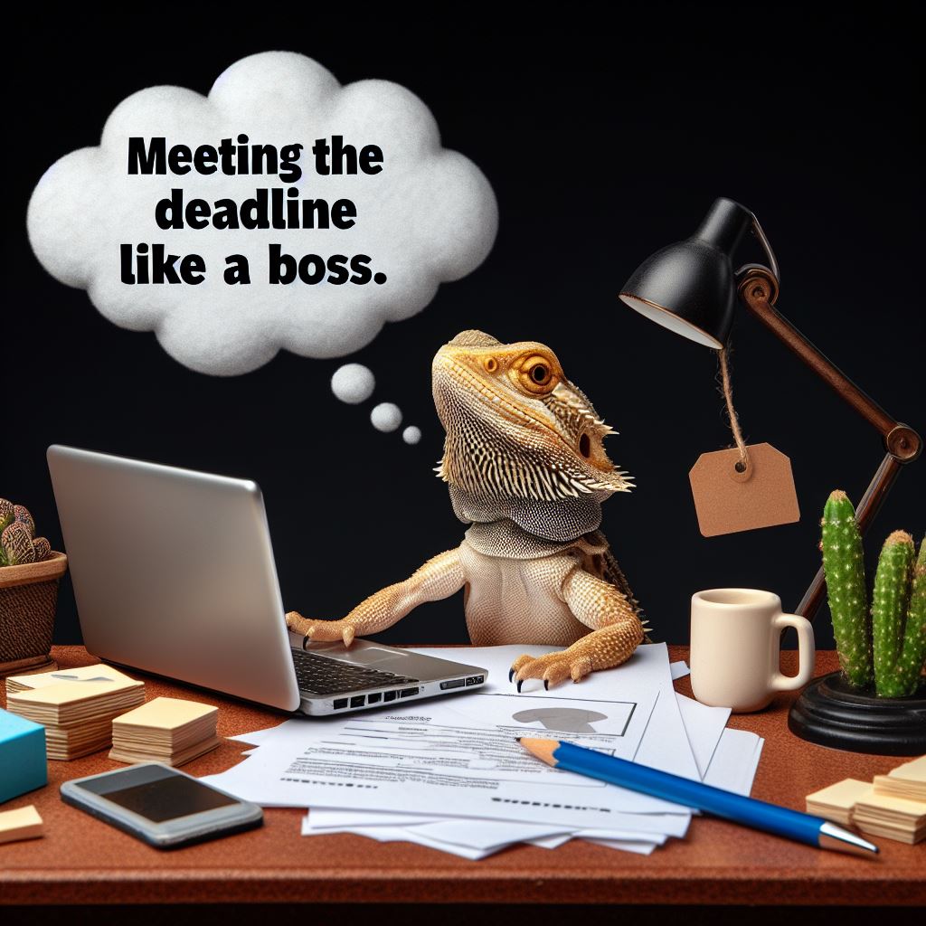 A bearded dragon at a tiny desk with a miniature laptop, coffee mug, and a stack of small papers, looking intently at the screen. Above its head is a thought bubble with 'Meeting the deadline like a boss.' The scene should resemble a busy office environment, scaled down to reptile size.