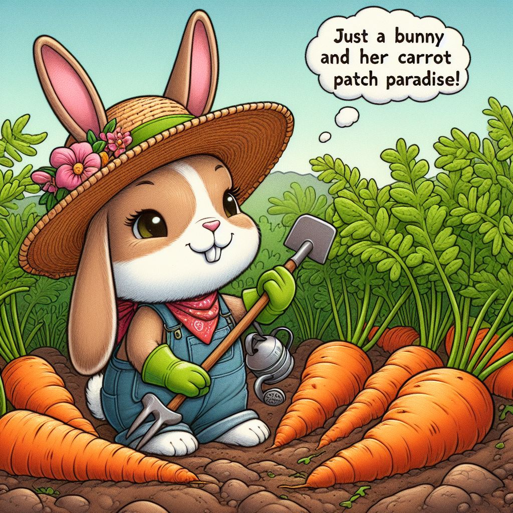 A rabbit with a straw hat and gardening gloves, tending to a garden full of oversized carrots. The rabbit is using a tiny hoe and watering can. The caption: "Just a bunny and her carrot patch paradise!"