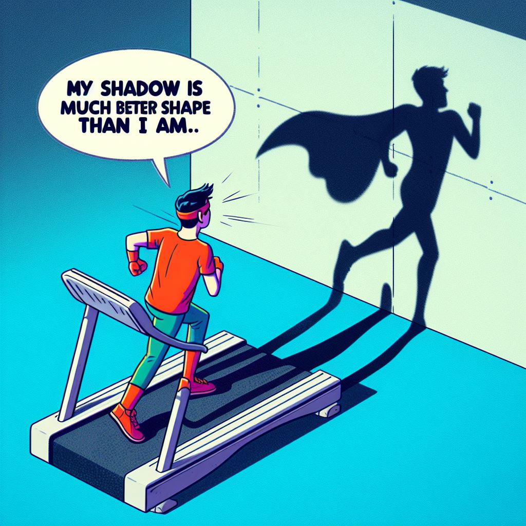 A shadow of a person running energetically on the wall, while the actual person is just sluggishly walking on the treadmill. The person is wearing a colorful and funny outfit, and the shadow is wearing a superhero costume. Caption: 'My shadow is in much better shape than I am.'