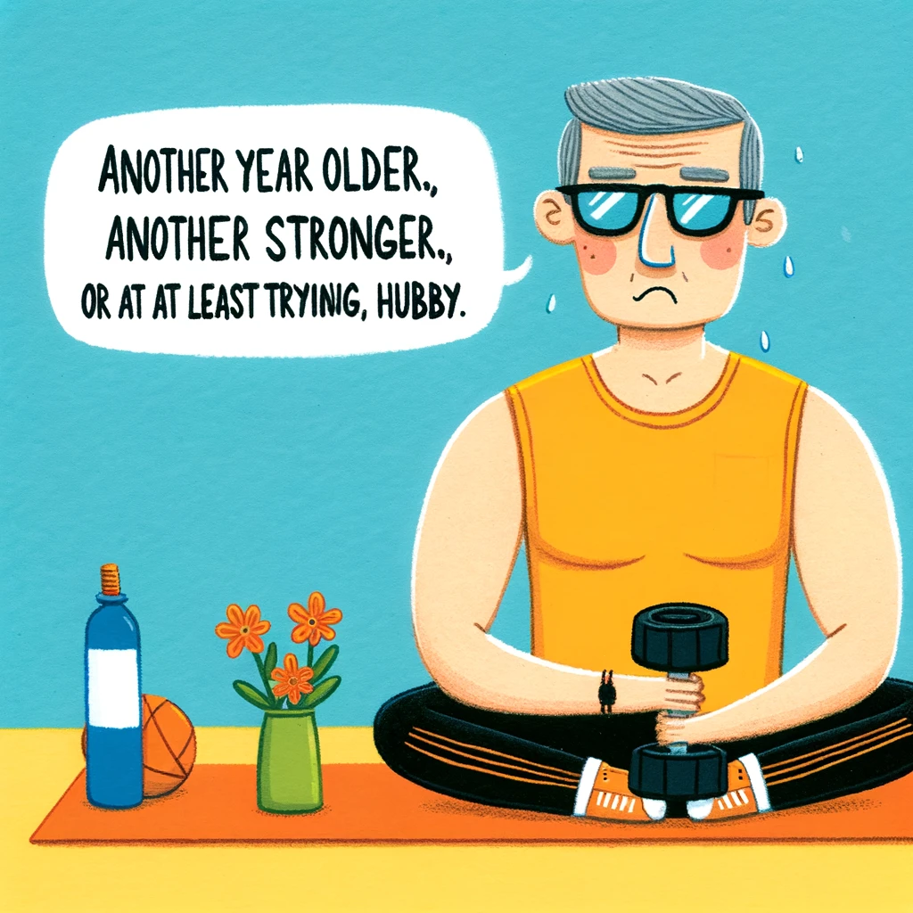 A comical image of a man in gym attire, possibly lifting a tiny dumbbell or looking exhausted on a yoga mat. Caption: "Another year older, another year stronger. Or at least trying to be. Happy Birthday to my fitness enthusiast hubby!"