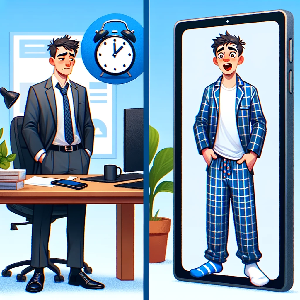 Video Call Faux Pas: A split-screen image. On the left, a person is professionally dressed from the waist up but wearing pajama bottoms. On the right, they stand up during a video call, revealing their outfit to surprised and amused colleagues.