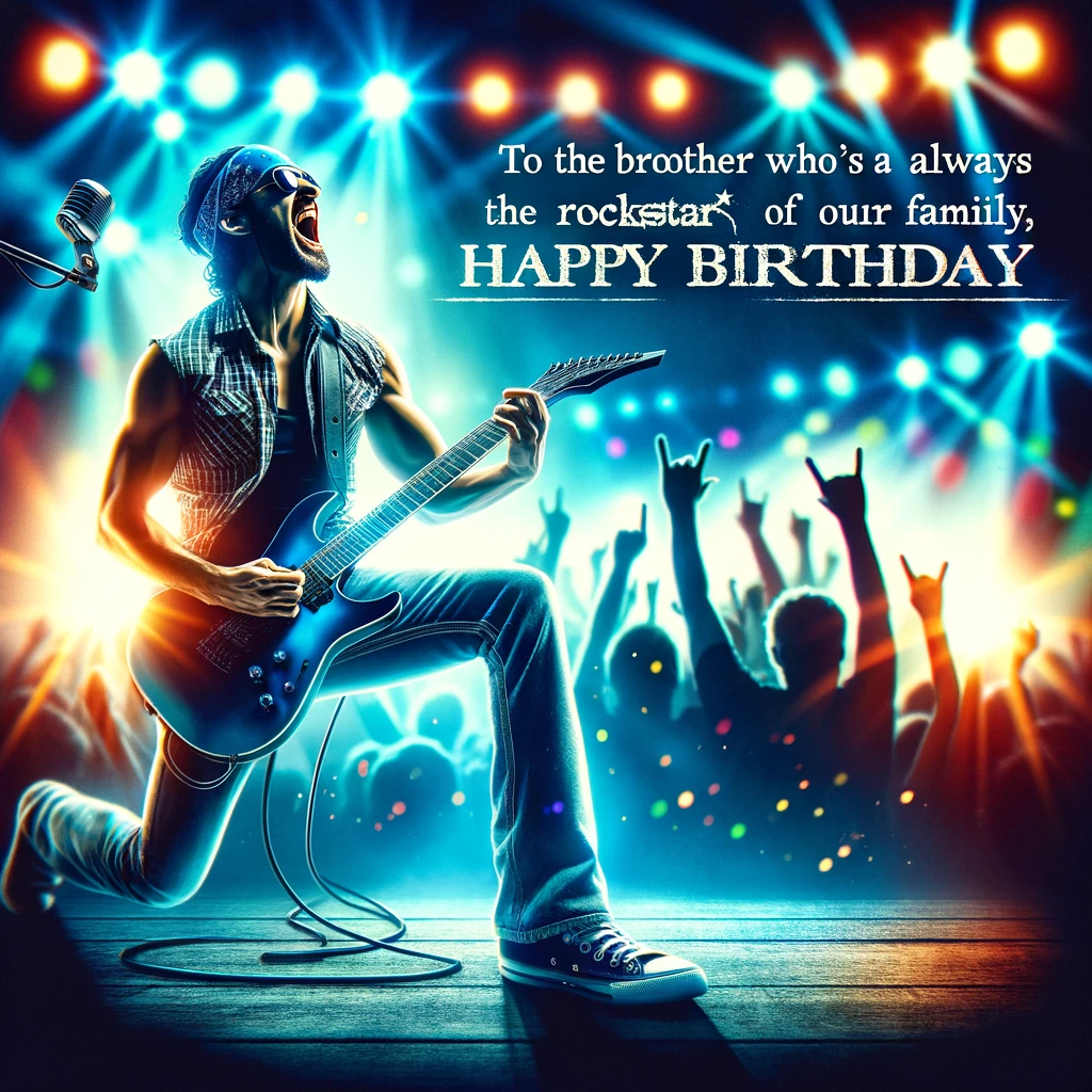 A cool and vibrant image of a rockstar on stage, playing an electric guitar. The stage is lit with colorful lights, and the crowd is cheering in the background. The rockstar is full of energy and style. Caption: 'To the brother who's always been the rockstar of our family, Happy Birthday!' The image should evoke a sense of excitement and celebration, perfect for a birthday wish.