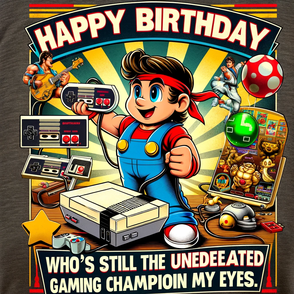 An image featuring a vintage video game console and a classic video game character, set in a retro gaming environment. The character is triumphantly holding a controller, surrounded by iconic elements from classic video games. Caption: 'Happy birthday to the big brother who's still the undefeated gaming champion in my eyes.' The image should have a nostalgic and playful feel, perfect for a gaming enthusiast's birthday.