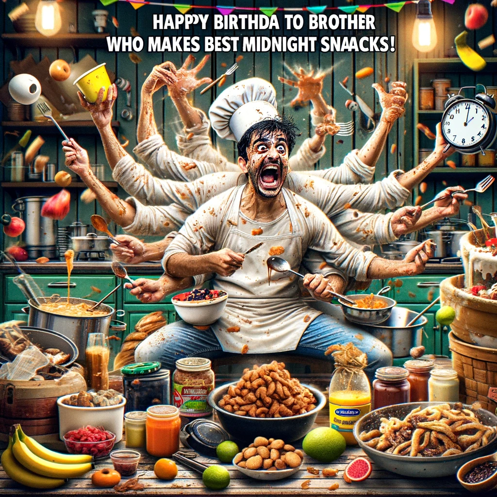 A humorous and chaotic image of a chef in a kitchen, surrounded by a variety of cooking ingredients and utensils in disarray. The chef appears overwhelmed but enthusiastic, trying to juggle multiple tasks at once. Caption: 'Happy birthday to the brother who makes the best midnight snacks!' The image should be lively and amusing, depicting the fun and frenzy of cooking.