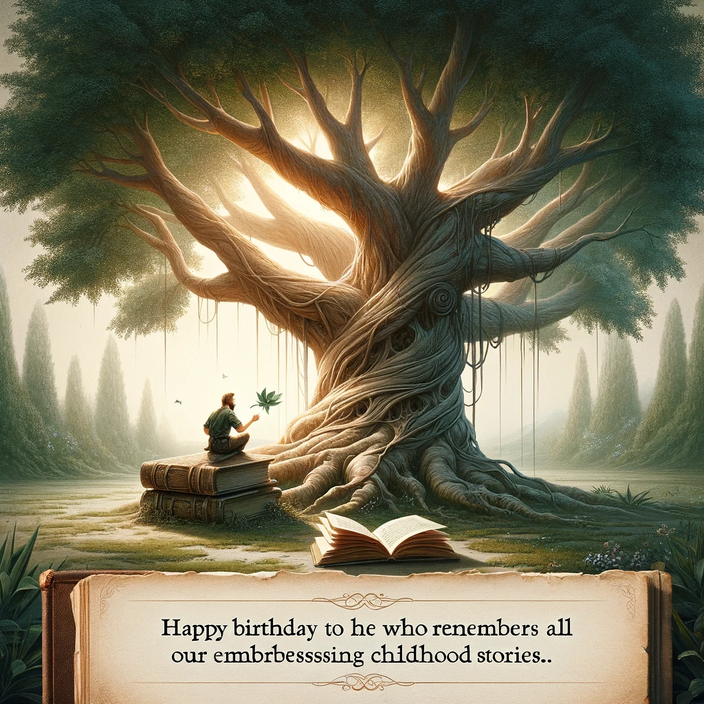 An image of a wise old tree with deep roots and sprawling branches, set in a serene and ancient-looking environment. The tree symbolizes wisdom and the passage of time. Near the tree, there's an old, open book with pages fluttering in the wind. Caption: 'Happy birthday to the brother who remembers all our embarrassing childhood stories.' The image should evoke a sense of nostalgia and the beauty of family memories.