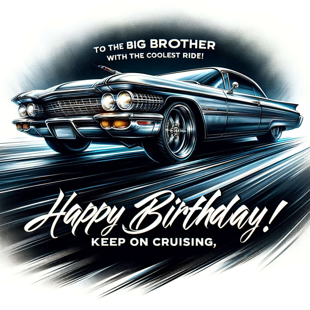 A picture of a sleek, classic or sporty car, depicted in a dynamic and stylish setting. The car is polished and looks high-end, giving a sense of speed and luxury. Caption: 'To the big brother with the coolest ride, Happy Birthday! Keep on cruising.' The image should be visually striking, emphasizing the elegance and thrill associated with car enthusiasts.