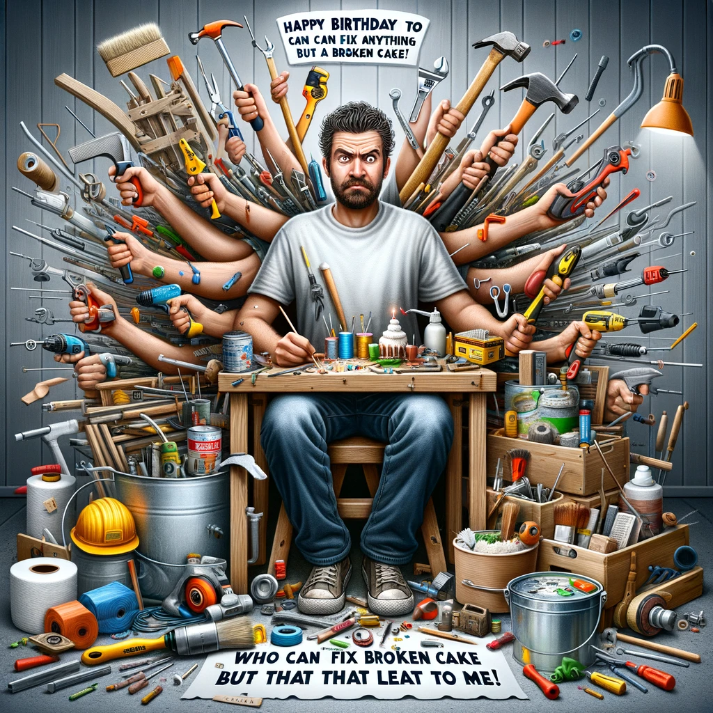 A humorous and creative image showing a person surrounded by a variety of tools and DIY projects. The person should appear skilled and immersed in their work, with an array of tools like a hammer, screwdriver, and paintbrush around them. The DIY projects can include things like woodwork, painting, and home repairs. The background should resemble a workshop or garage, filled with ongoing projects. Add a playful caption at the bottom of the image that reads, "Happy birthday to the big brother who can fix anything but a broken cake. Leave that to me!" The image should exude a sense of craftiness and humor, perfect for a DIY enthusiast's birthday.