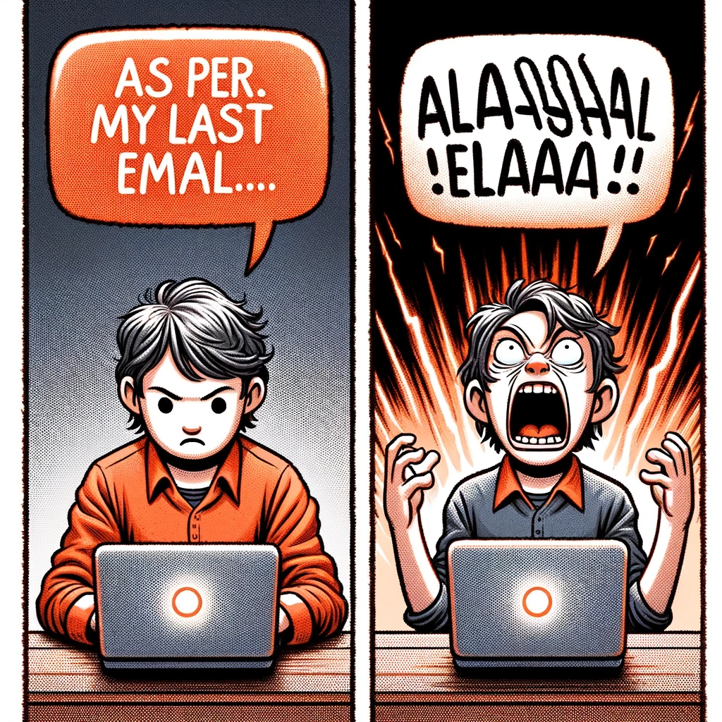 Email vs. Real Life: Two panels side by side. The left panel shows a person typing an email saying, "As per my last email...", looking calm and professional. The right panel shows the same person in real life, screaming the same words with frustration.