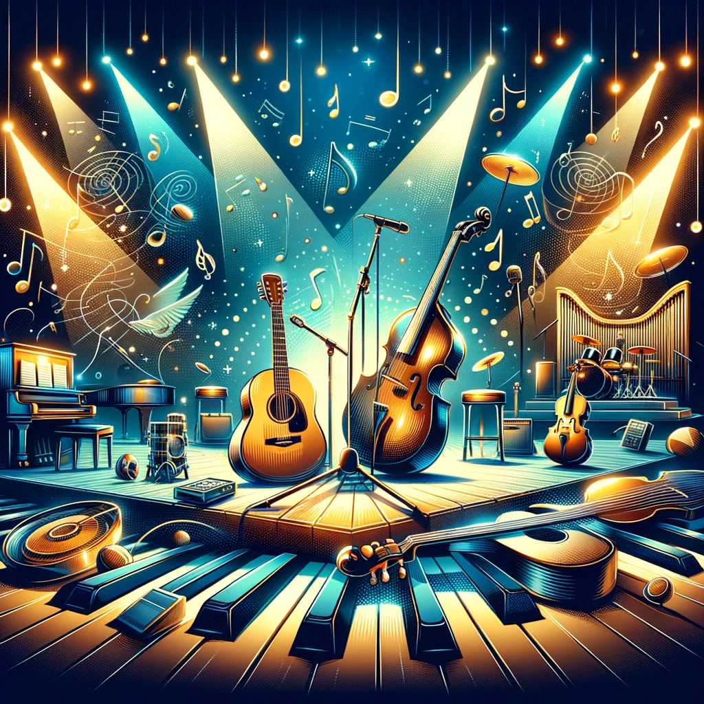 An image featuring various musical instruments like a guitar, piano, and violin, or a concert stage with bright lights and musical ambiance. The scene should capture the essence of a musical performance, with instruments artistically arranged or a stage set for a grand performance. The atmosphere should be vibrant and full of musical energy. Caption at the bottom reads: 'To the brother whose playlist is always on point. Happy birthday, maestro!'