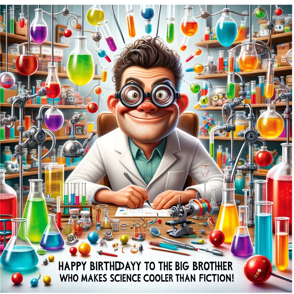 A humorous and creative image of a scientist in a lab, surrounded by colorful and interesting experiments. The lab should be filled with elements like beakers, test tubes, and scientific equipment, giving a sense of curiosity and innovation. The scientist character should be portrayed in a fun and engaging way, maybe with a quirky expression or pose. Caption at the bottom reads: 'Happy birthday to the big brother who makes science cooler than fiction!'