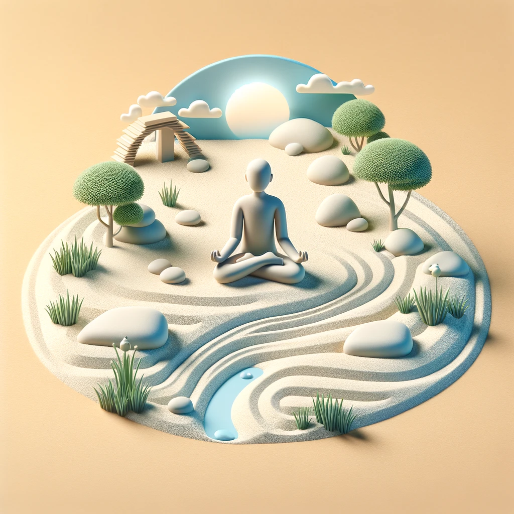 An image of a peaceful Zen garden or a meditating figure, conveying a sense of calm and tranquility. The Zen garden should have elements like sand patterns, stones, and maybe a small waterfall or plants, creating a serene and mindful atmosphere. If a figure is included, it should be in a meditative pose, symbolizing inner peace and balance. Caption at the bottom reads: 'Happy birthday to my big brother, the zen master of our family!'