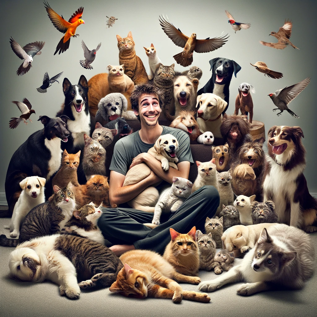 A humorous image of a person surrounded by a variety of pets like cats, dogs, and birds. The scene should be playful and endearing, showing the person in a joyful interaction with the animals. The pets can be depicted in various poses, some being cuddled, others playing or looking curiously at the camera. The atmosphere should convey a sense of love and connection between the person and the animals. Caption at the bottom reads: 'Happy birthday to the big brother who's loved by all creatures great and small!'