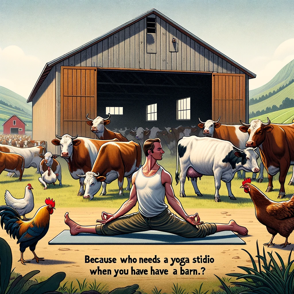 A farmer doing yoga poses in a field, surrounded by cows and chickens looking confused. The scene is comical, capturing the essence of a rural landscape with a humorous twist. The farmer is in a yoga pose, looking focused and serene, while the farm animals around him seem bewildered by his actions. The setting is a typical farm field with a barn in the background. A caption at the bottom reads, "Farmer Yoga: because who needs a yoga studio when you have a barn?". The image should have a light-hearted, amusing tone.