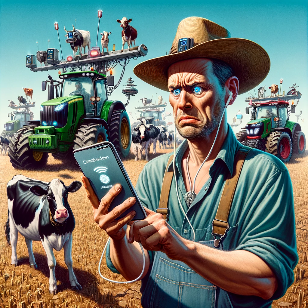 A farmer standing in a field, holding a smartphone with a confused expression. The background features cows and tractors equipped with various high-tech gadgets. The scene is humorous, showing the contrast between traditional farming and modern technology. The farmer looks bewildered as if trying to understand the smartphone, while the cows and tractors in the background have an exaggerated futuristic appearance. A caption at the bottom reads, "When you're a farmer in 2024 but your cows still can't send you text messages." The image should have a comical and light-hearted tone.