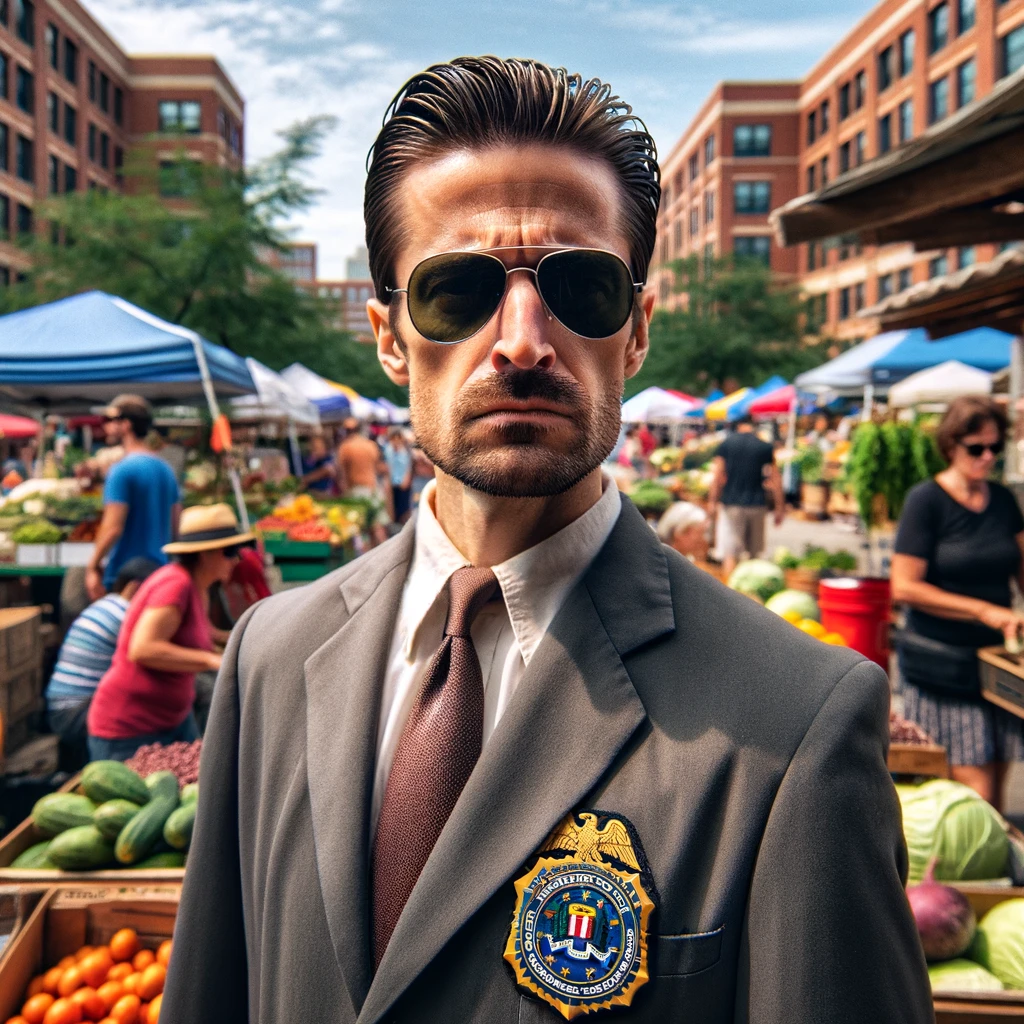 A farmer at a farmers' market, wearing sunglasses and a serious expression, styled like a FBI negotiator. The scene is set in a bustling farmers' market with various stalls and produce around. The farmer stands out with his intense demeanor, looking as if he's engaged in a high-stakes negotiation. The humorous juxtaposition of a serious negotiator in the casual setting of a market is evident. A caption at the bottom reads, "Negotiating at the farmers' market like it's a high-stakes business deal." The image should have a comical and exaggerated tone.