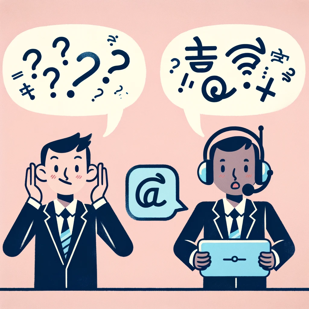 Lost in Translation: An image of a person speaking confidently in one language, with a translator next to them looking confused. Speech bubbles show the original message as simple, but the translation coming out as completely nonsensical.