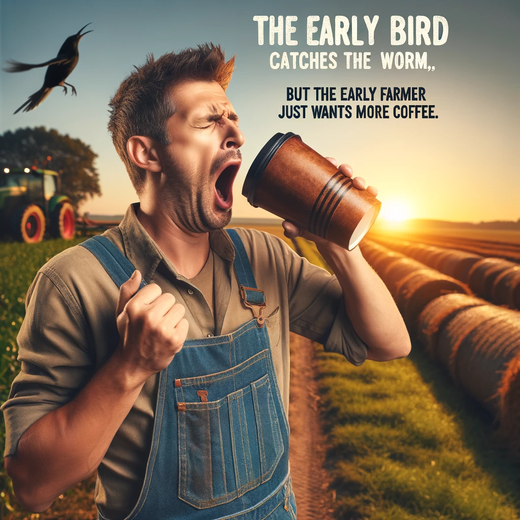 A farmer with a cup of coffee, yawning in a field with the sun just rising in the background. The farmer appears sleepy yet determined, embodying the early morning routine of a farmer. The field is peaceful with the first light of dawn, emphasizing the early hour. The farmer is casually dressed, typical of someone who just got up, holding a large cup of coffee as if it's his lifeline. A caption at the bottom reads, "The early bird catches the worm, but the early farmer just wants more coffee." The image should be humorous and relatable, capturing the essence of early mornings on the farm.