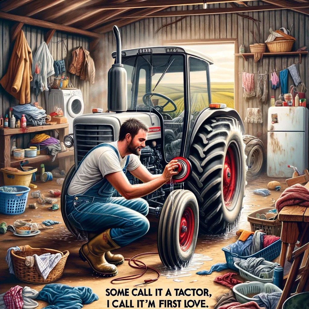 A farmer lovingly polishing a tractor, with a background of neglected household chores. The farmer is focused on the tractor, showing great care and affection, as if it's a prized possession. The background humorously contrasts with a pile of laundry, dirty dishes, and other household chores, all being ignored. The tractor is shiny and well-maintained, standing out in the messy environment. A caption at the bottom reads, "Some call it a tractor, I call it my first love." The image should be amusing and relatable, highlighting the farmer's passion for farming equipment over domestic tasks.