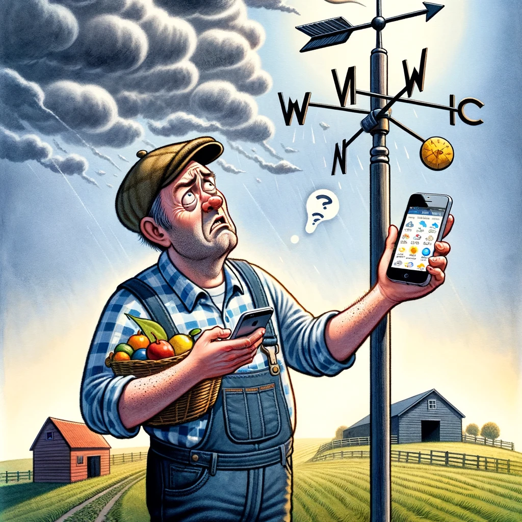 A farmer standing outside, looking at the sky with a confused expression, holding a weather vane and a smartphone with conflicting weather apps. The scene is humorous, highlighting the contrast between traditional and modern methods of weather prediction. The farmer's expression is one of bewilderment, as he compares the old-fashioned weather vane with the high-tech smartphone. The background is a typical farm setting with fields and a barn. A caption at the bottom reads, "Modern farming: when technology meets the good old-fashioned way of looking at the sky." The image should be light-hearted and whimsical.