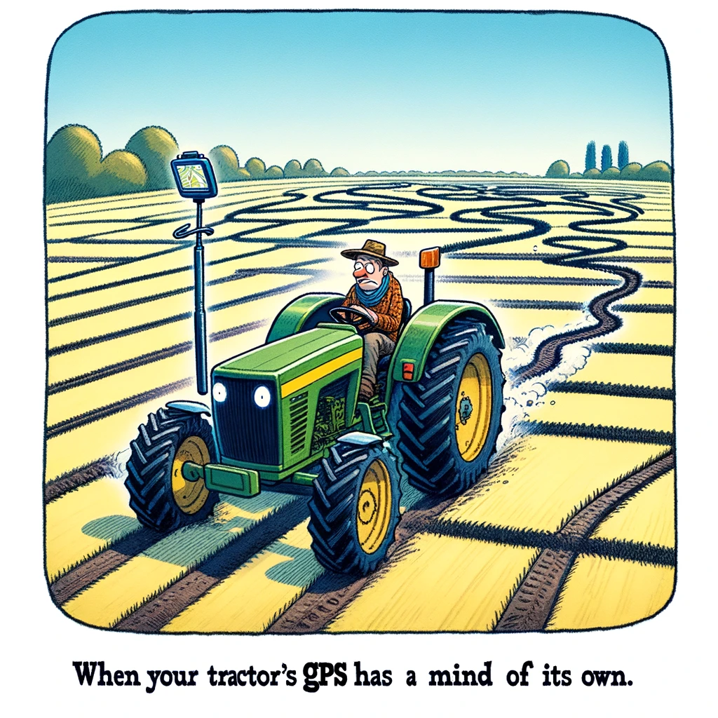 A cartoon of a farmer driving a tractor in zigzag lines across a field, looking at a GPS device. The image is humorous, showcasing the absurdity of following GPS too literally in a farming context. The tractor's path is comically erratic, while the farmer looks both confused and determined as he stares at the GPS. The field is a typical rural setting, adding to the whimsical nature of the scene. A caption at the bottom reads, "When your tractor's GPS has a mind of its own." The image should be playful and amusing, emphasizing the quirky situation.