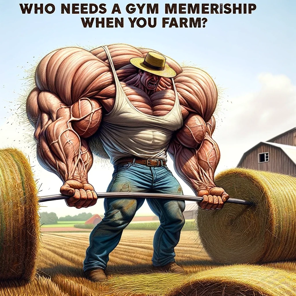 A farmer lifting hay bales with bulging muscles, in the style of a gym workout. The farmer is portrayed as strong and muscular, emphasizing the physical nature of farm work. The hay bales serve as weights, and the farmer's posture and expression show effort and determination, similar to a gym environment. The background is a typical farm setting, reinforcing the farming theme. A caption at the bottom reads, "Who needs a gym membership when you farm?" The image should be humorous and exaggerated, highlighting the fitness aspect of farming.