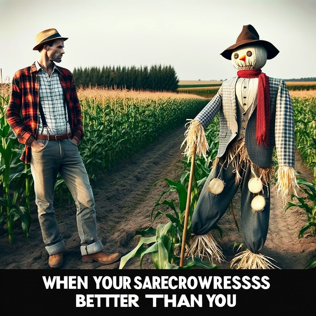 A scarecrow dressed in trendy, high-fashion clothing standing in a cornfield, next to a farmer wearing simple farm clothes and looking bewildered. The scarecrow looks stylish and modern, while the farmer seems out of place with his traditional attire. The caption at the bottom of the image says, "When your scarecrow dresses better than you."