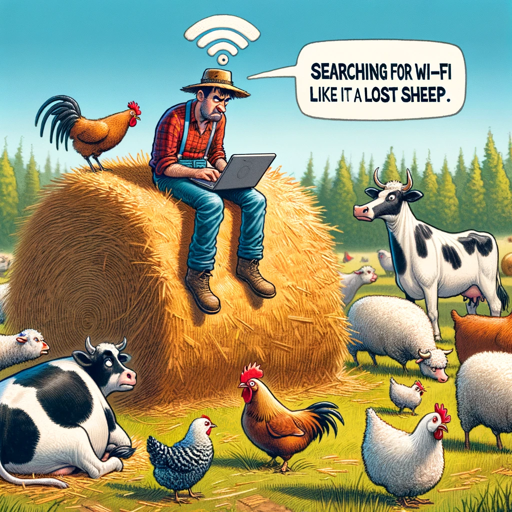 A farmer sitting on a haystack in a field, looking frustrated with a laptop. Nearby, cows and chickens seem to be trying to catch Wi-Fi signals, some with their heads raised towards the sky. The scene is humorous, depicting the animals as if they are searching for Wi-Fi. The caption at the bottom says, "Searching for Wi-Fi like it's a lost sheep."