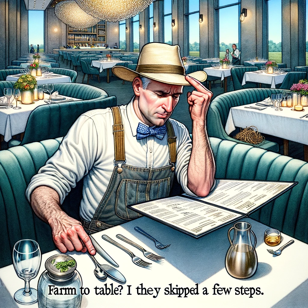 An image of a confused farmer sitting at a fancy farm-to-table restaurant. The farmer is dressed in typical farm attire and is scratching his head while looking at an elegant menu. The setting around him is upscale and modern, contrasting with his simple appearance. The caption at the bottom reads, "Farm to table? I think they skipped a few steps."