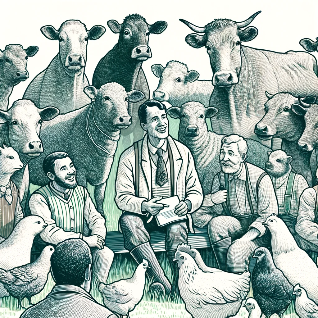 A farmer speaking to a group of attentive animals including cows, pigs, and chickens, as if giving a motivational speech. The animals are gathered around the farmer, looking focused and interested. The scene looks like a funny meeting between the farmer and his animal audience. The caption at the bottom says, "The secret life of a farmer: part-time animal whisperer."