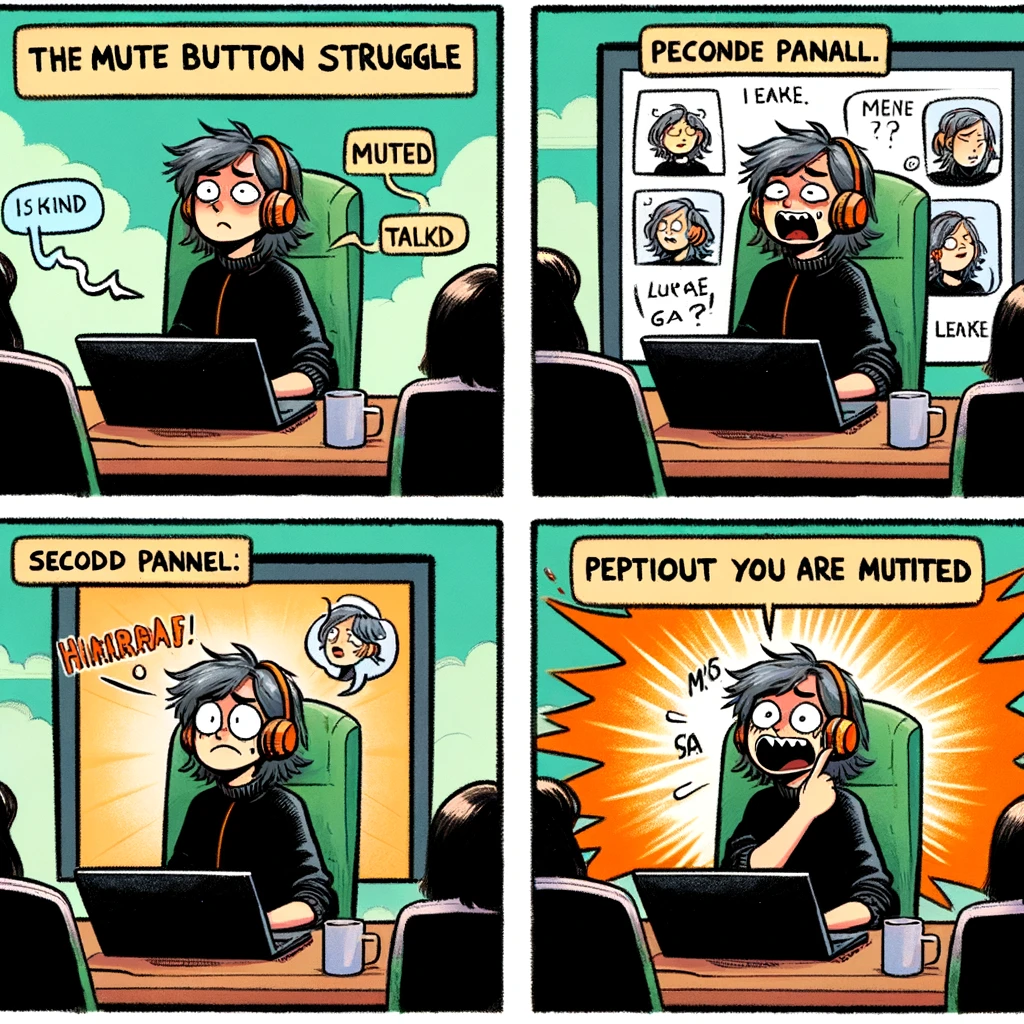 The Mute Button Struggle: A comic strip sequence showing a person in an online meeting. First panel: they talk while muted, looking confident. Second panel: participants point out they are muted. Final panel: an exaggerated expression of embarrassment.