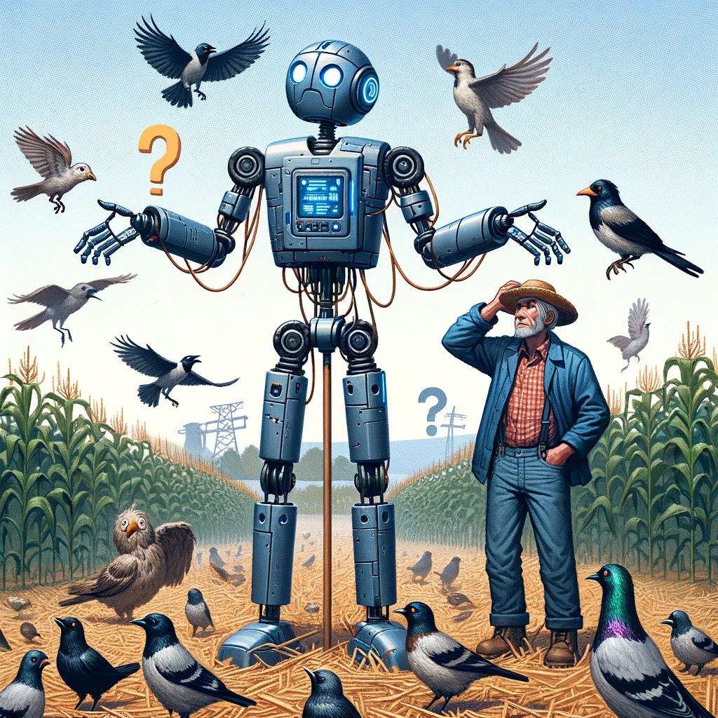 A robot scarecrow in a field, surrounded by puzzled birds and a farmer scratching his head. The robot scarecrow looks high-tech and futuristic, standing out in the rural setting. The birds around it appear confused and curious. The farmer is looking at the robot scarecrow, showing a mix of awe and confusion. The caption says, "When you upgrade your scarecrow, but the birds have questions."