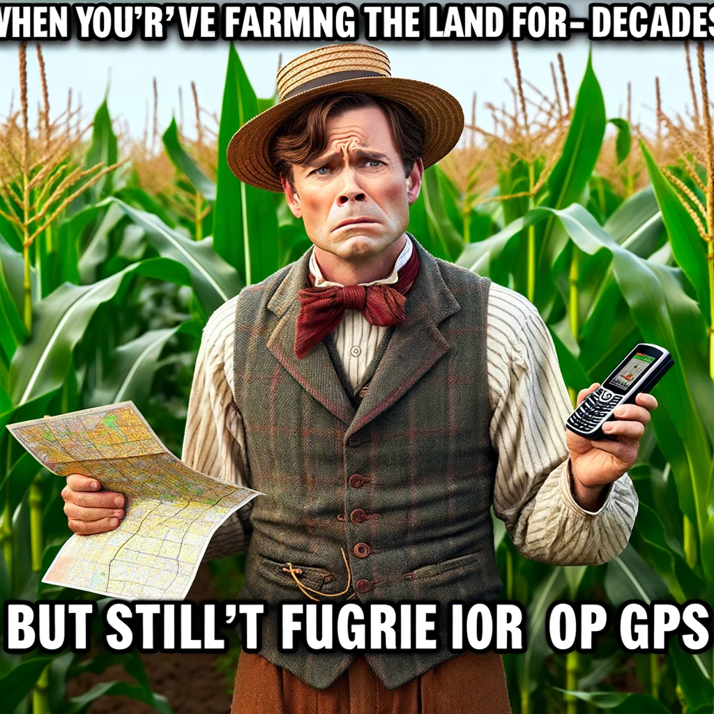 A farmer holding an old-fashioned map and a GPS, standing at a crossroads in a cornfield looking utterly confused. The farmer is dressed in traditional farm attire, and the expression on his face is one of bewilderment. The cornfield around him is lush and green. The caption at the bottom reads, "When you've farmed the land for decades but still can't figure out GPS."