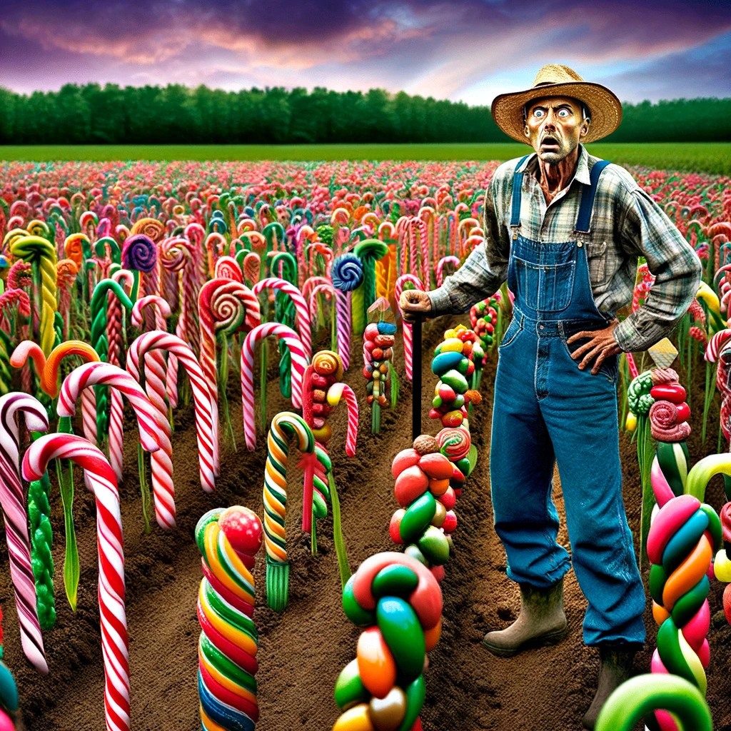 A farmer standing in a field with a bizarre crop, such as candy canes or soda bottles, looking totally surprised. The crop is unusually colorful and whimsical, contrasting with the traditional farming environment. The farmer's expression is one of astonishment and confusion. The caption at the bottom reads, "When you realize you may have planted the wrong seeds."