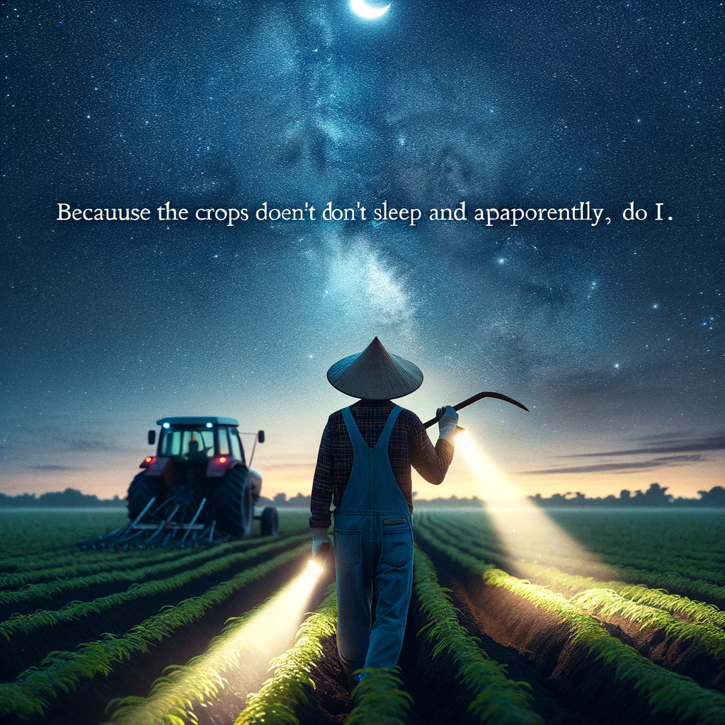 An image of a farmer working in the fields under a starry night sky, using a flashlight attached to a hat. The farmer is actively working, perhaps plowing or harvesting, under the beautiful night sky. The scene is serene yet unusual, highlighting the farmer's dedication. The caption at the bottom says, "Midnight farming: because the crops don't sleep and apparently, neither do I."