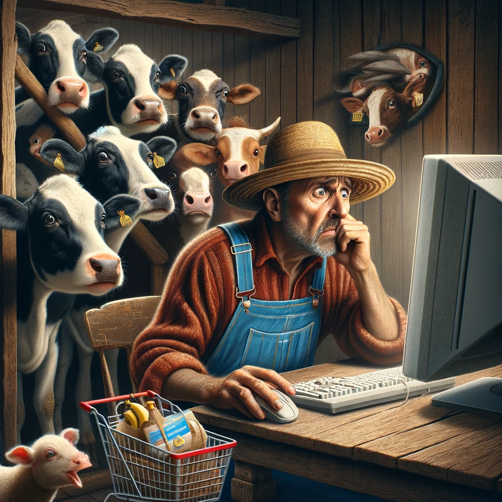 A farmer sitting at a computer with a bewildered expression, surrounded by curious farm animals peeking over his shoulder. The computer screen shows an online shopping cart filled with absurd items like 'self-milking cows' and 'solar-powered chickens.' The setting is a rustic farmhouse interior. The farmer is wearing traditional overalls and a straw hat. The caption at the bottom says: 'When you leave online shopping to the farmer.'