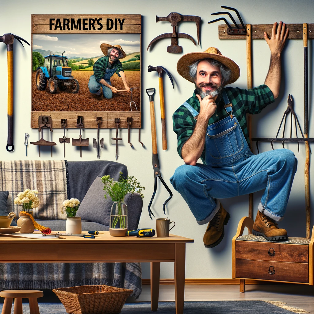 An image of a farmer using farming tools such as a plow or hoe for household DIY projects, like hanging a picture frame or fixing a table. The farmer looks very pleased with himself. The setting is a cozy home interior. The farmer is dressed in overalls and a plaid shirt, creatively using the farming equipment in a humorous way. Caption at the bottom reads: 'Farmer's DIY: Who needs a toolkit when you have farm equipment?'