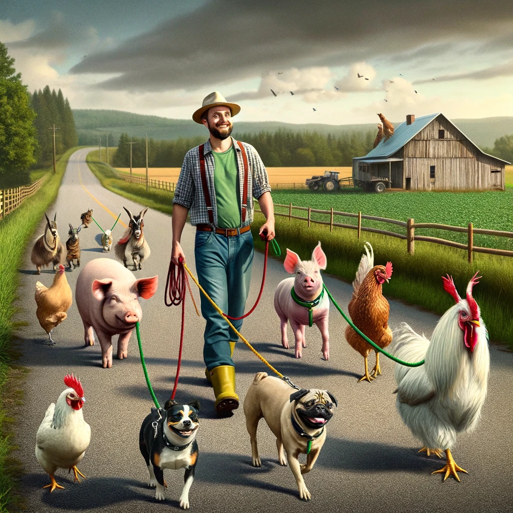 A picture of a farmer walking a group of unusual farm animals like a pig, a chicken, and a goat, as if they were dogs, complete with leashes. The setting is a countryside road with a scenic farm landscape. The farmer is in casual farm attire, looking happy and content. The animals are behaving like typical pets, adding a humorous touch. The caption at the bottom says: 'Just taking the 'pets' for a walk.'