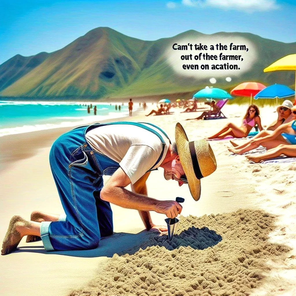 A farmer on a beach, but instead of relaxing, he's examining the sand like soil and thinking about planting. The setting is a sunny beach with the ocean in the background. The farmer, wearing a straw hat and overalls, is bent over, scrutinizing the sand with a thoughtful expression. There are beachgoers in the background looking confused. Caption at the bottom reads: 'Can't take the farm out of the farmer, even on vacation.'