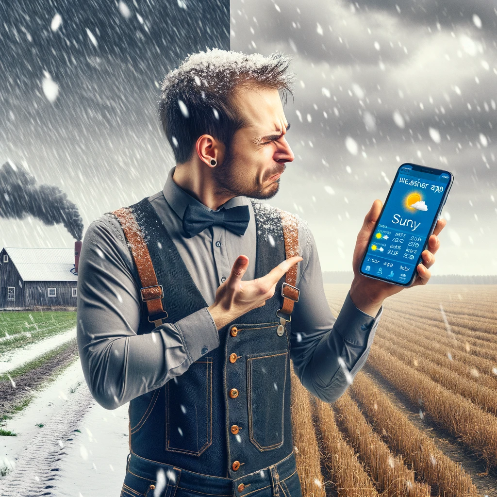 An image of a farmer holding a smartphone with a weather app open, while standing in a field under completely different weather conditions, like snowing while the app shows sunny. The farmer is dressed in typical farm attire with a puzzled expression. The setting is a rural landscape with a stark contrast between the smartphone's weather forecast and the actual weather. Caption at the bottom reads: 'Trusting the weather app, farmer style.'