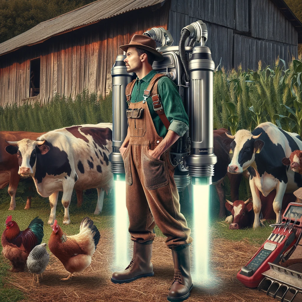 A farmer standing in a field with a jetpack, next to traditional farming tools. The cows and chickens look on in amazement. The setting is a typical farm with a futuristic twist. The farmer, dressed in traditional overalls, is excited about the jetpack. The image juxtaposes the futuristic jetpack with the rustic farm environment. Caption at the bottom says: 'When you're ready for the future of farming but still appreciate the classics.'