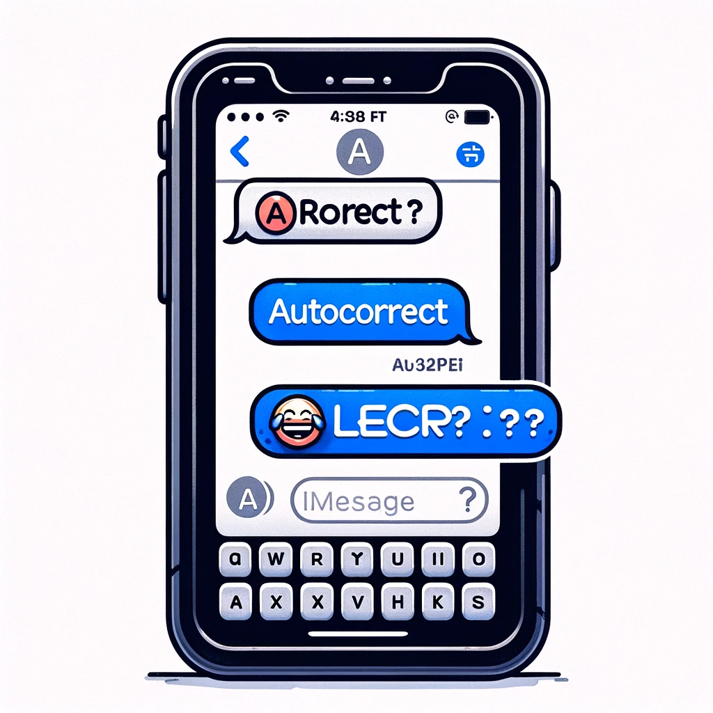 Auto-Correct Fail: A smartphone screen showing a text conversation. The sender sends a message with a glaring autocorrect mistake, changing the meaning humorously. The receiver responds with a question mark or a laughing emoji.