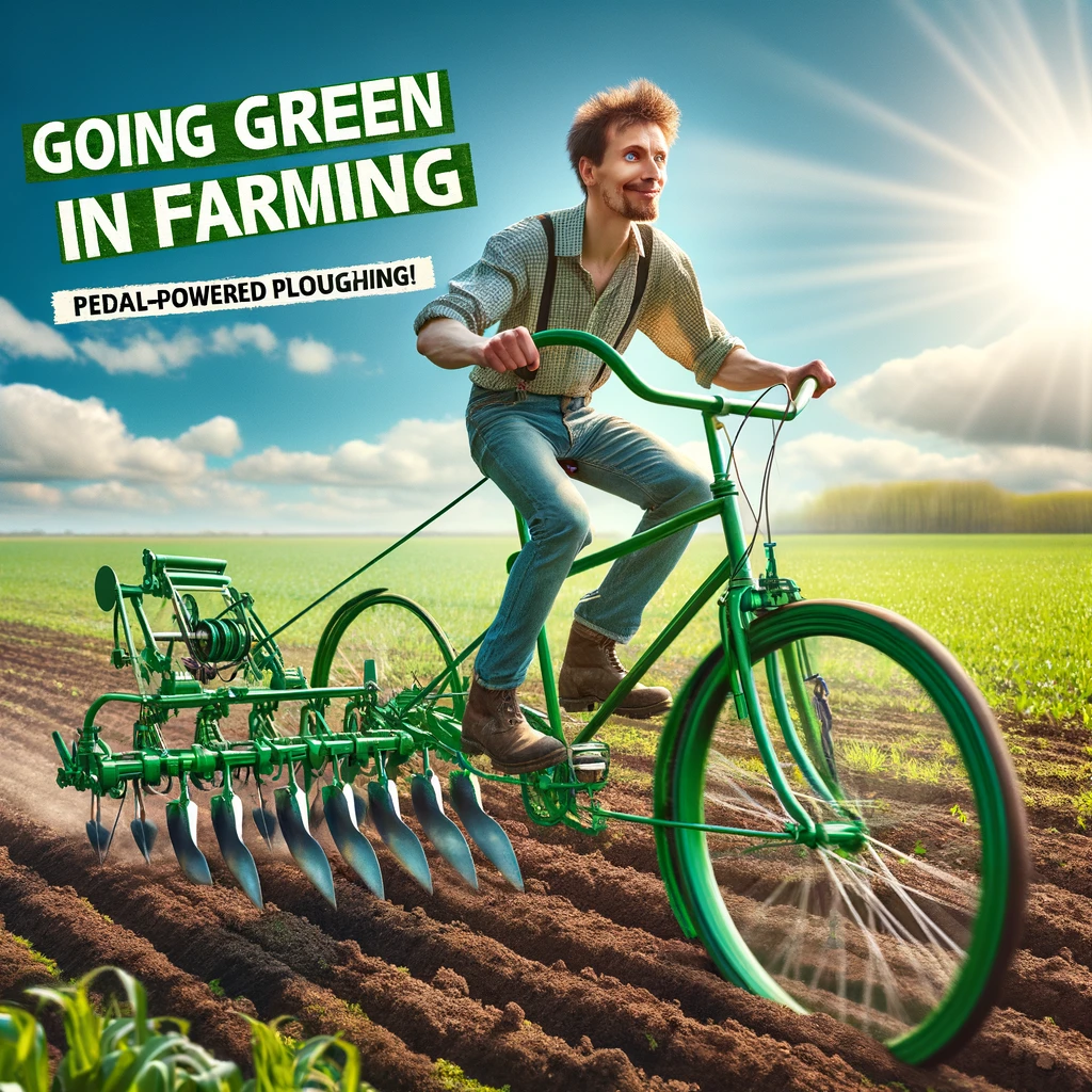 Eco-Friendly Farmer: A farmer riding a unique bicycle designed to plow a field. The farmer has a determined expression, showing enthusiasm and effort. The bike is creatively adapted with plow attachments on a sunny day in a green field. Caption at the bottom: "Going green in farming: pedal-powered ploughing!"