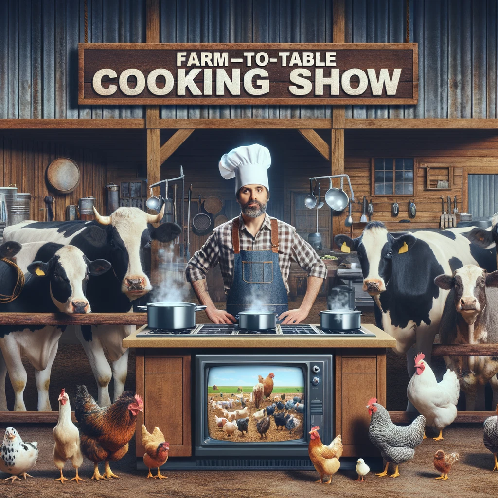 Farmer's Cooking Show: A funny scene showing a farmer in a barn hosting a cooking show. The farmer is dressed in a chef's hat and apron, looking slightly out of place among farm animals like cows and chickens, which are the audience. The setting has a rustic, barn-like atmosphere with cooking equipment. Caption at the bottom: "Farm-to-table cooking show, literally."