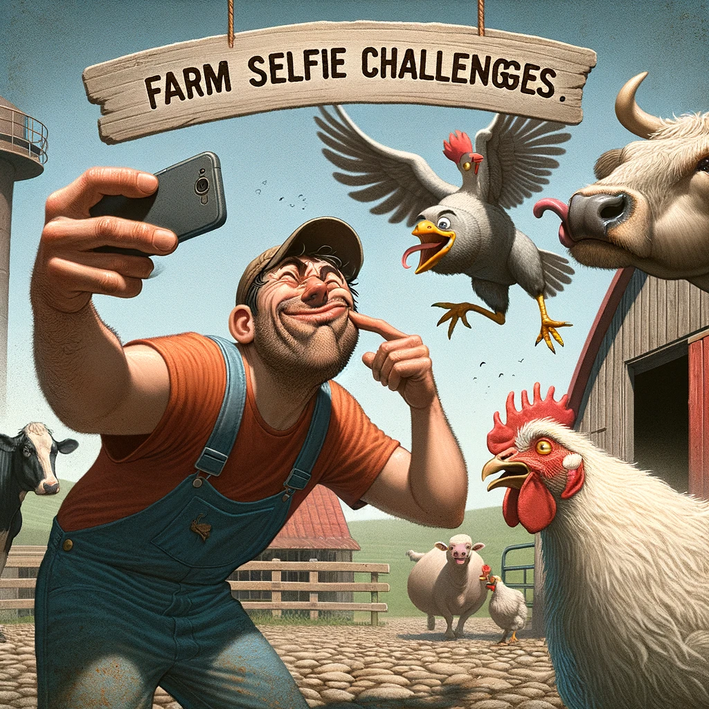 Farm Selfie: A humorous image of a farmer trying to take a selfie with uncooperative farm animals. The farmer is in the middle of a selfie attempt, with a cow licking his face and a chicken flying away. The setting is a farm with a barn in the background. The farmer looks amused and slightly overwhelmed. Caption at the bottom: "Farm selfie challenges."
